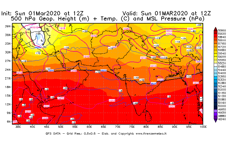 Mappa di analisi GFS - Geopotenziale [m] + Temp. [°C] a 500 hPa + Press. a livello del mare [hPa] in Asia Sud-Occidentale
							del 01/03/2020 12 <!--googleoff: index-->UTC<!--googleon: index-->