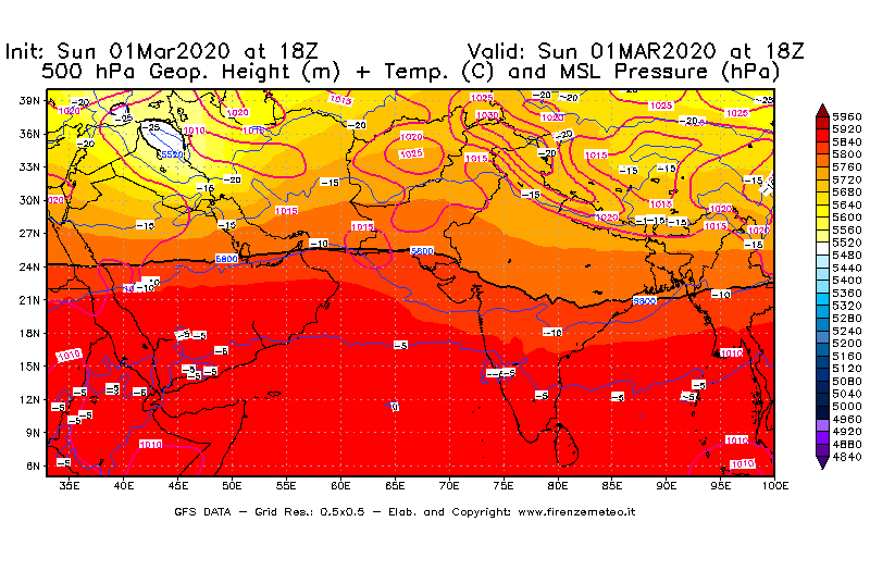 Mappa di analisi GFS - Geopotenziale [m] + Temp. [°C] a 500 hPa + Press. a livello del mare [hPa] in Asia Sud-Occidentale
							del 01/03/2020 18 <!--googleoff: index-->UTC<!--googleon: index-->