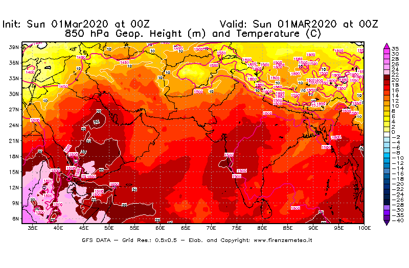 Mappa di analisi GFS - Geopotenziale [m] e Temperatura [°C] a 850 hPa in Asia Sud-Occidentale
							del 01/03/2020 00 <!--googleoff: index-->UTC<!--googleon: index-->