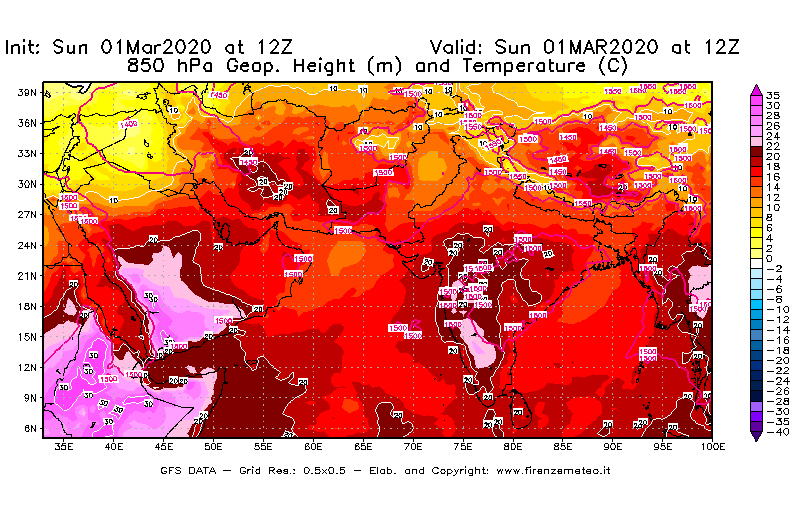 Mappa di analisi GFS - Geopotenziale [m] e Temperatura [°C] a 850 hPa in Asia Sud-Occidentale
							del 01/03/2020 12 <!--googleoff: index-->UTC<!--googleon: index-->