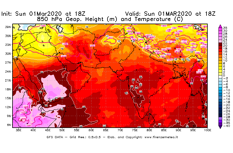 Mappa di analisi GFS - Geopotenziale [m] e Temperatura [°C] a 850 hPa in Asia Sud-Occidentale
							del 01/03/2020 18 <!--googleoff: index-->UTC<!--googleon: index-->