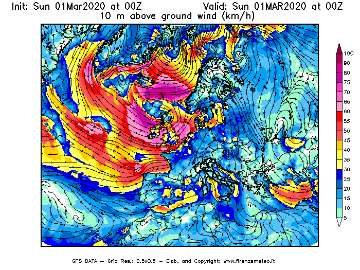 Mappa di analisi GFS - Velocità del vento a 10 metri dal suolo [km/h] in Europa
							del 01/03/2020 00 <!--googleoff: index-->UTC<!--googleon: index-->