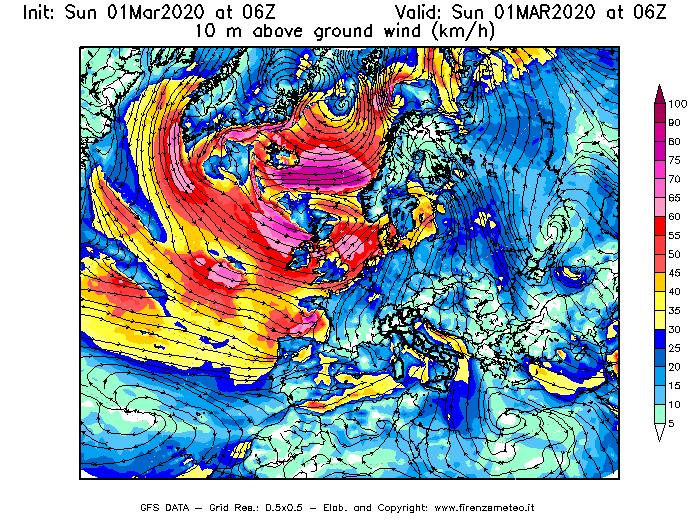 Mappa di analisi GFS - Velocità del vento a 10 metri dal suolo [km/h] in Europa
							del 01/03/2020 06 <!--googleoff: index-->UTC<!--googleon: index-->