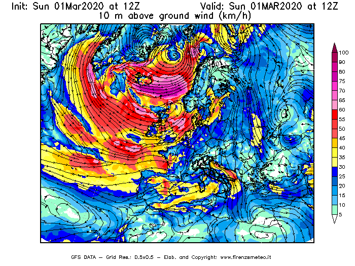 Mappa di analisi GFS - Velocità del vento a 10 metri dal suolo [km/h] in Europa
							del 01/03/2020 12 <!--googleoff: index-->UTC<!--googleon: index-->