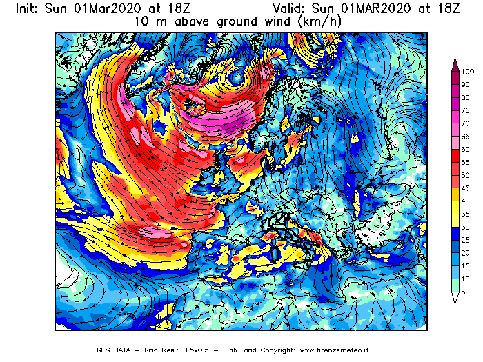 Mappa di analisi GFS - Velocità del vento a 10 metri dal suolo [km/h] in Europa
							del 01/03/2020 18 <!--googleoff: index-->UTC<!--googleon: index-->