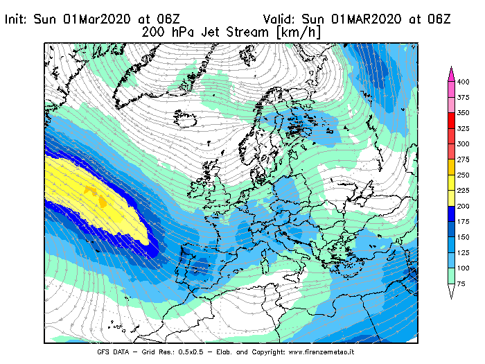 Mappa di analisi GFS - Jet Stream a 200 hPa in Europa
							del 01/03/2020 06 <!--googleoff: index-->UTC<!--googleon: index-->