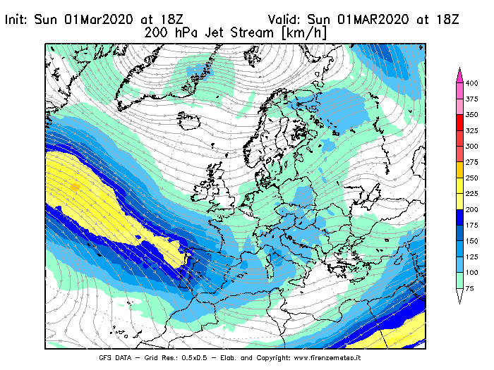 Mappa di analisi GFS - Jet Stream a 200 hPa in Europa
							del 01/03/2020 18 <!--googleoff: index-->UTC<!--googleon: index-->