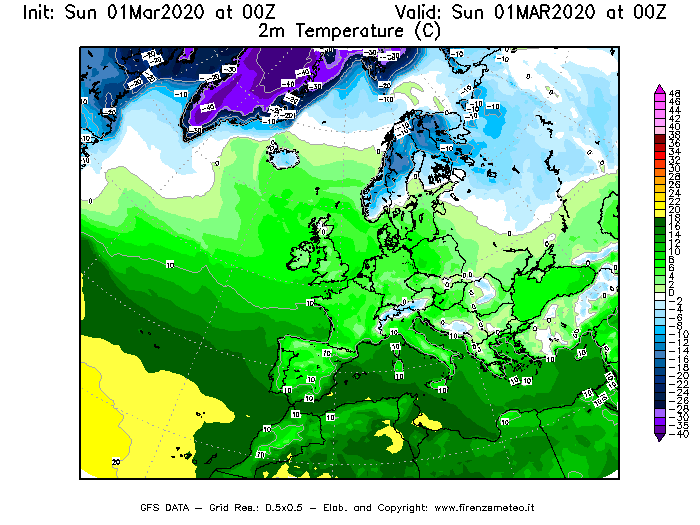 Mappa di analisi GFS - Temperatura a 2 metri dal suolo [°C] in Europa
							del 01/03/2020 00 <!--googleoff: index-->UTC<!--googleon: index-->