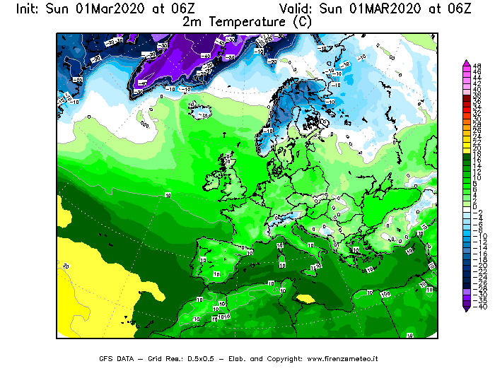 Mappa di analisi GFS - Temperatura a 2 metri dal suolo [°C] in Europa
							del 01/03/2020 06 <!--googleoff: index-->UTC<!--googleon: index-->