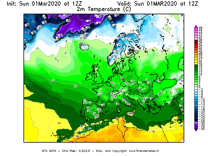 Mappa di analisi GFS - Temperatura a 2 metri dal suolo [°C] in Europa
							del 01/03/2020 12 <!--googleoff: index-->UTC<!--googleon: index-->