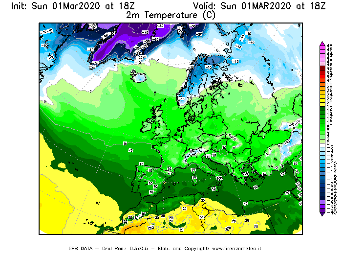Mappa di analisi GFS - Temperatura a 2 metri dal suolo [°C] in Europa
							del 01/03/2020 18 <!--googleoff: index-->UTC<!--googleon: index-->