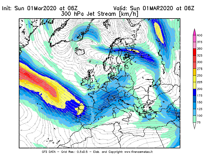 Mappa di analisi GFS - Jet Stream a 300 hPa in Europa
							del 01/03/2020 06 <!--googleoff: index-->UTC<!--googleon: index-->