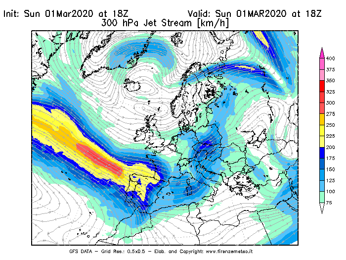 Mappa di analisi GFS - Jet Stream a 300 hPa in Europa
							del 01/03/2020 18 <!--googleoff: index-->UTC<!--googleon: index-->