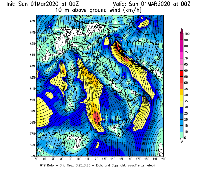 Mappa di analisi GFS - Velocità del vento a 10 metri dal suolo [km/h] in Italia
							del 01/03/2020 00 <!--googleoff: index-->UTC<!--googleon: index-->