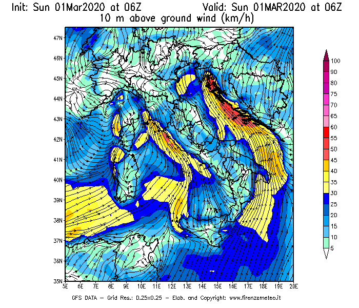 Mappa di analisi GFS - Velocità del vento a 10 metri dal suolo [km/h] in Italia
							del 01/03/2020 06 <!--googleoff: index-->UTC<!--googleon: index-->