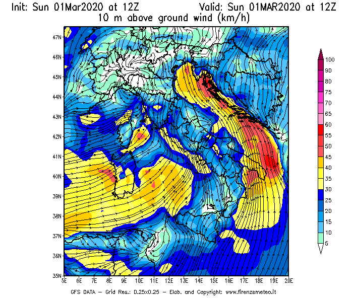 Mappa di analisi GFS - Velocità del vento a 10 metri dal suolo [km/h] in Italia
							del 01/03/2020 12 <!--googleoff: index-->UTC<!--googleon: index-->
