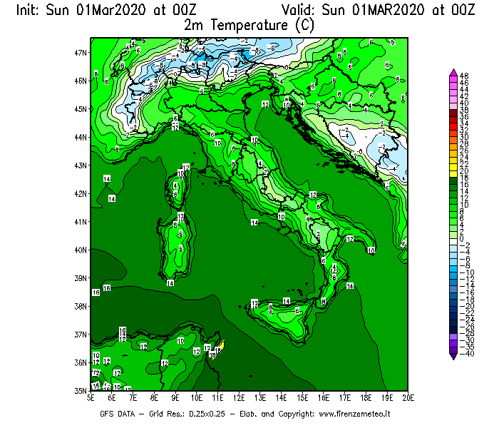 Mappa di analisi GFS - Temperatura a 2 metri dal suolo [°C] in Italia
							del 01/03/2020 00 <!--googleoff: index-->UTC<!--googleon: index-->