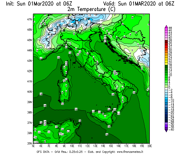 Mappa di analisi GFS - Temperatura a 2 metri dal suolo [°C] in Italia
							del 01/03/2020 06 <!--googleoff: index-->UTC<!--googleon: index-->