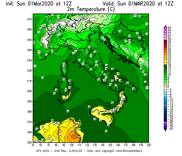 Mappa di analisi GFS - Temperatura a 2 metri dal suolo [°C] in Italia
							del 01/03/2020 12 <!--googleoff: index-->UTC<!--googleon: index-->