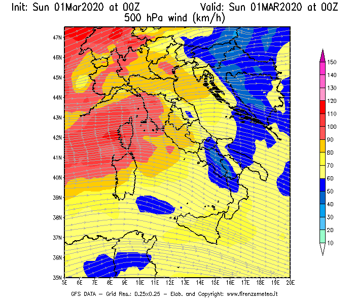 Mappa di analisi GFS - Velocità del vento a 500 hPa [km/h] in Italia
							del 01/03/2020 00 <!--googleoff: index-->UTC<!--googleon: index-->