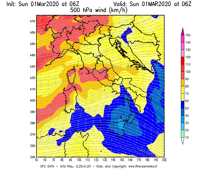 Mappa di analisi GFS - Velocità del vento a 500 hPa [km/h] in Italia
							del 01/03/2020 06 <!--googleoff: index-->UTC<!--googleon: index-->