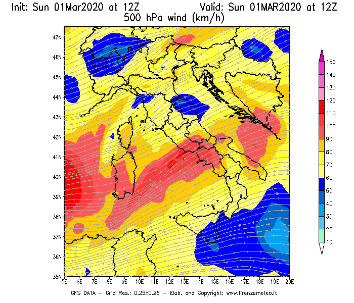 Mappa di analisi GFS - Velocità del vento a 500 hPa [km/h] in Italia
							del 01/03/2020 12 <!--googleoff: index-->UTC<!--googleon: index-->