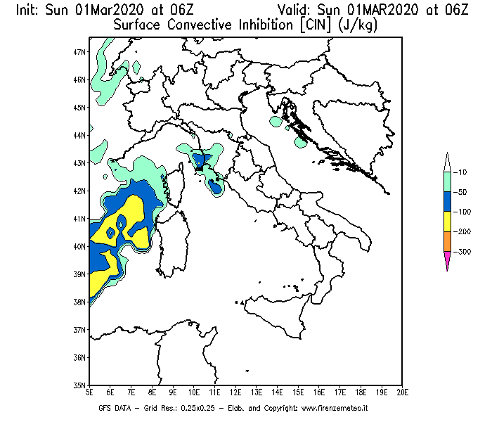 Mappa di analisi GFS - CIN [J/kg] in Italia
							del 01/03/2020 06 <!--googleoff: index-->UTC<!--googleon: index-->