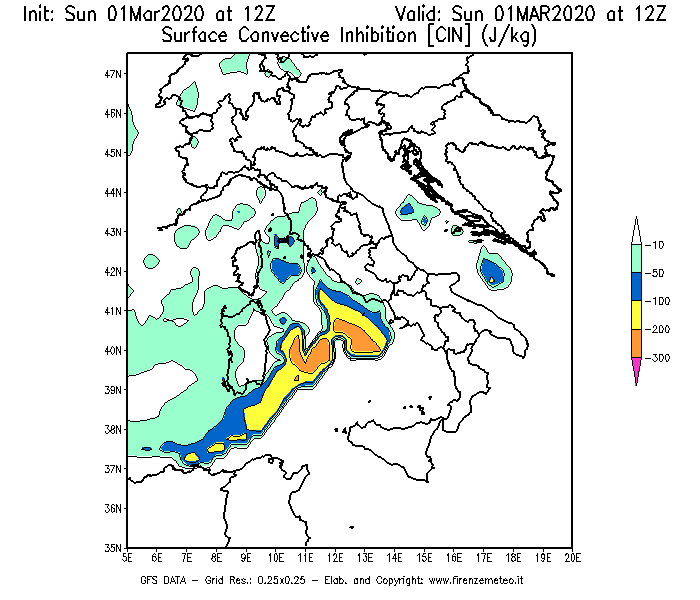 Mappa di analisi GFS - CIN [J/kg] in Italia
							del 01/03/2020 12 <!--googleoff: index-->UTC<!--googleon: index-->
