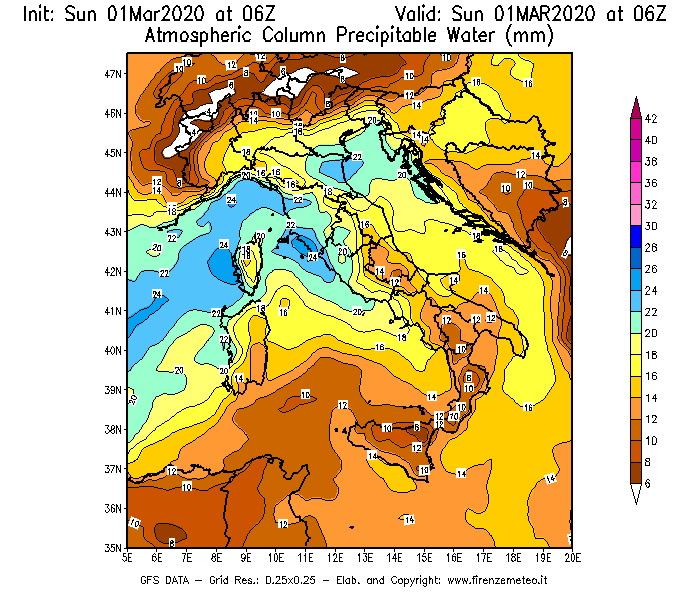 Mappa di analisi GFS - Precipitable Water [mm] in Italia
							del 01/03/2020 06 <!--googleoff: index-->UTC<!--googleon: index-->