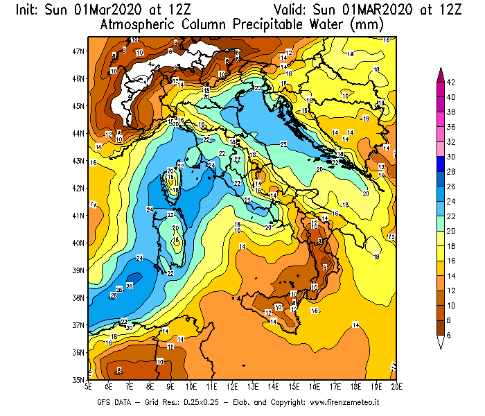 Mappa di analisi GFS - Precipitable Water [mm] in Italia
							del 01/03/2020 12 <!--googleoff: index-->UTC<!--googleon: index-->