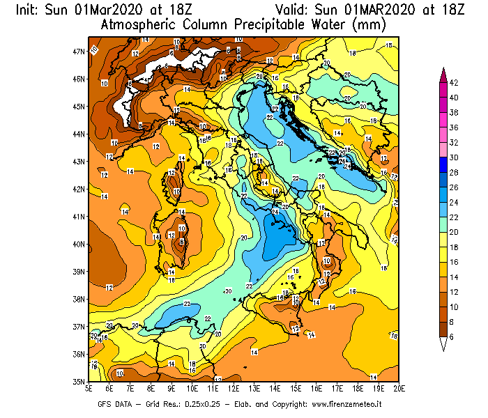 Mappa di analisi GFS - Precipitable Water [mm] in Italia
							del 01/03/2020 18 <!--googleoff: index-->UTC<!--googleon: index-->