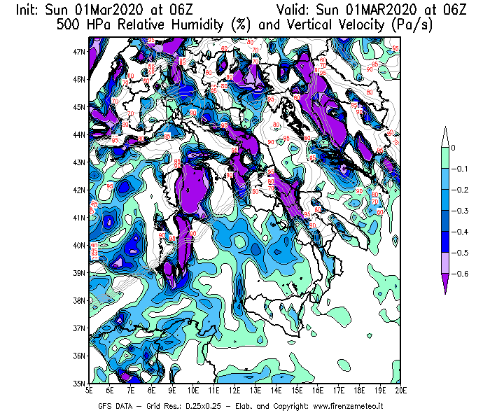 Mappa di analisi GFS - Umidità relativa [%] e Omega [Pa/s] a 500 hPa in Italia
							del 01/03/2020 06 <!--googleoff: index-->UTC<!--googleon: index-->