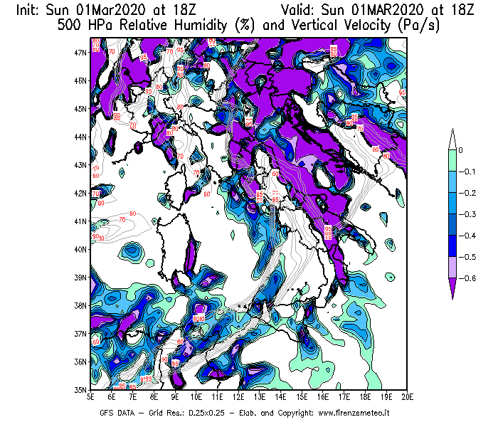 Mappa di analisi GFS - Umidità relativa [%] e Omega [Pa/s] a 500 hPa in Italia
							del 01/03/2020 18 <!--googleoff: index-->UTC<!--googleon: index-->