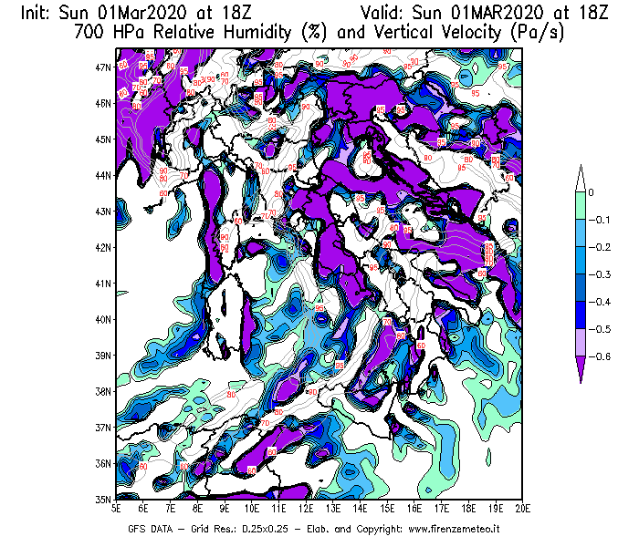 Mappa di analisi GFS - Umidità relativa [%] e Omega [Pa/s] a 700 hPa in Italia
							del 01/03/2020 18 <!--googleoff: index-->UTC<!--googleon: index-->
