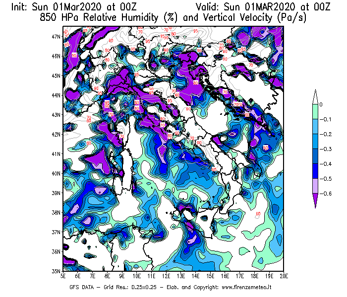 Mappa di analisi GFS - Umidità relativa [%] e Omega [Pa/s] a 850 hPa in Italia
							del 01/03/2020 00 <!--googleoff: index-->UTC<!--googleon: index-->