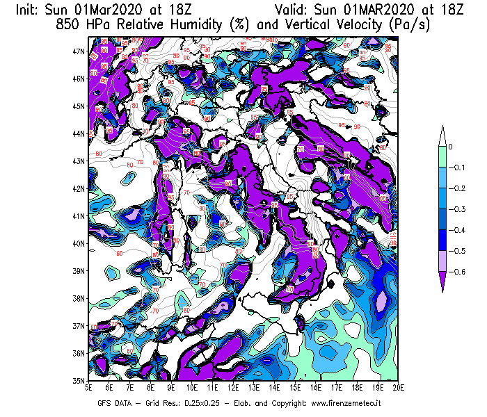 Mappa di analisi GFS - Umidità relativa [%] e Omega [Pa/s] a 850 hPa in Italia
							del 01/03/2020 18 <!--googleoff: index-->UTC<!--googleon: index-->