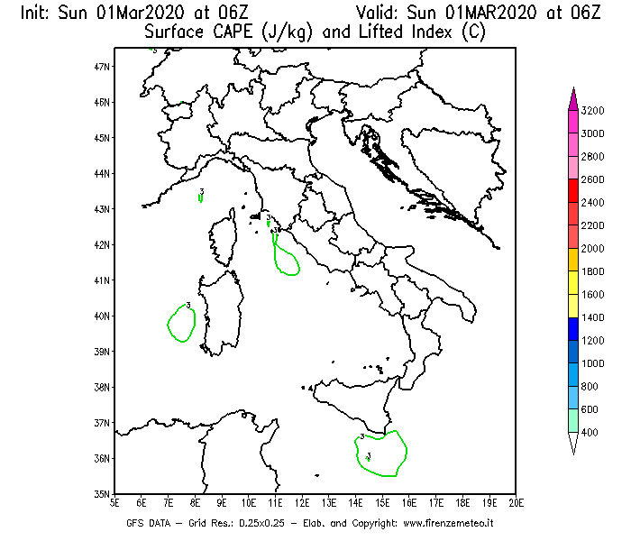 Mappa di analisi GFS - CAPE [J/kg] e Lifted Index [°C] in Italia
							del 01/03/2020 06 <!--googleoff: index-->UTC<!--googleon: index-->