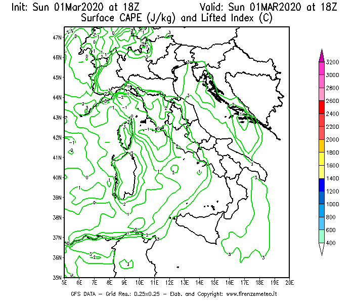 Mappa di analisi GFS - CAPE [J/kg] e Lifted Index [°C] in Italia
							del 01/03/2020 18 <!--googleoff: index-->UTC<!--googleon: index-->