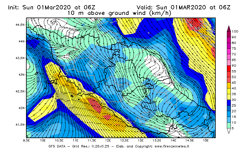 Mappa di analisi GFS - Velocità del vento a 10 metri dal suolo [km/h] in Centro-Italia
							del 01/03/2020 06 <!--googleoff: index-->UTC<!--googleon: index-->
