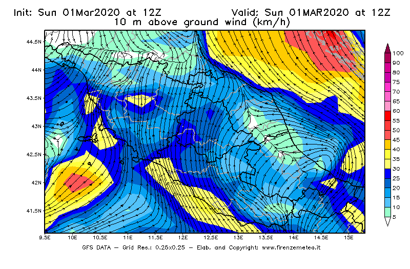 Mappa di analisi GFS - Velocità del vento a 10 metri dal suolo [km/h] in Centro-Italia
							del 01/03/2020 12 <!--googleoff: index-->UTC<!--googleon: index-->