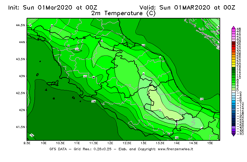 Mappa di analisi GFS - Temperatura a 2 metri dal suolo [°C] in Centro-Italia
							del 01/03/2020 00 <!--googleoff: index-->UTC<!--googleon: index-->