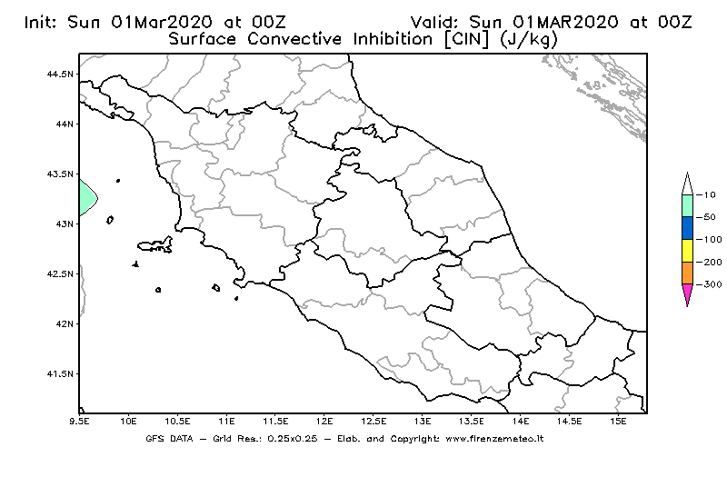 Mappa di analisi GFS - CIN [J/kg] in Centro-Italia
							del 01/03/2020 00 <!--googleoff: index-->UTC<!--googleon: index-->