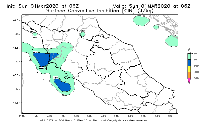 Mappa di analisi GFS - CIN [J/kg] in Centro-Italia
							del 01/03/2020 06 <!--googleoff: index-->UTC<!--googleon: index-->
