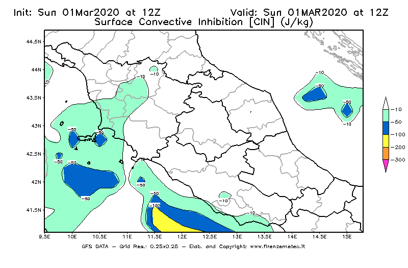Mappa di analisi GFS - CIN [J/kg] in Centro-Italia
							del 01/03/2020 12 <!--googleoff: index-->UTC<!--googleon: index-->
