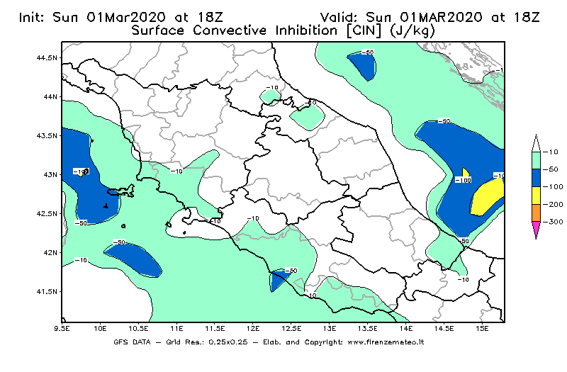 Mappa di analisi GFS - CIN [J/kg] in Centro-Italia
							del 01/03/2020 18 <!--googleoff: index-->UTC<!--googleon: index-->