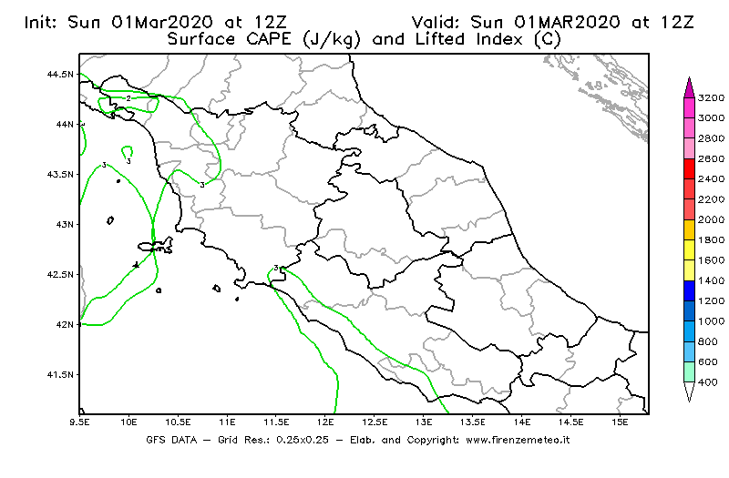Mappa di analisi GFS - CAPE [J/kg] e Lifted Index [°C] in Centro-Italia
							del 01/03/2020 12 <!--googleoff: index-->UTC<!--googleon: index-->