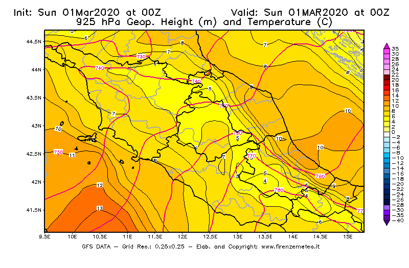 Mappa di analisi GFS - Geopotenziale [m] e Temperatura [°C] a 925 hPa in Centro-Italia
							del 01/03/2020 00 <!--googleoff: index-->UTC<!--googleon: index-->