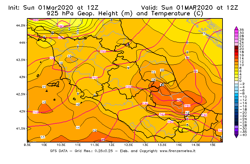 Mappa di analisi GFS - Geopotenziale [m] e Temperatura [°C] a 925 hPa in Centro-Italia
							del 01/03/2020 12 <!--googleoff: index-->UTC<!--googleon: index-->