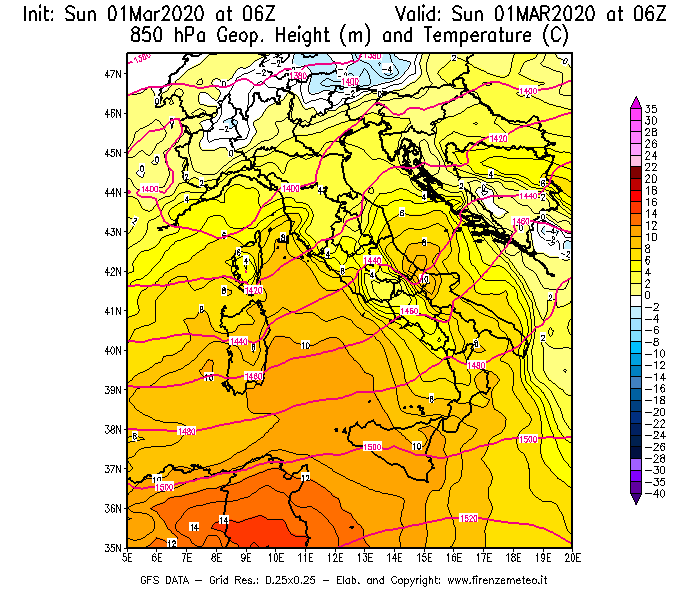 Mappa di analisi GFS - Geopotenziale [m] e Temperatura [°C] a 850 hPa in Italia
							del 01/03/2020 06 <!--googleoff: index-->UTC<!--googleon: index-->