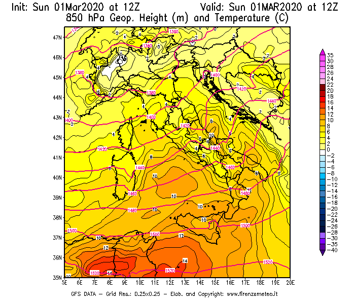 Mappa di analisi GFS - Geopotenziale [m] e Temperatura [°C] a 850 hPa in Italia
							del 01/03/2020 12 <!--googleoff: index-->UTC<!--googleon: index-->
